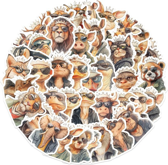 50 Stück Vintage Cool King Animal Vector Art Aufkleber aus PVC in Multicolour für DIY Skateboards und Handyhüllen - Bild 1