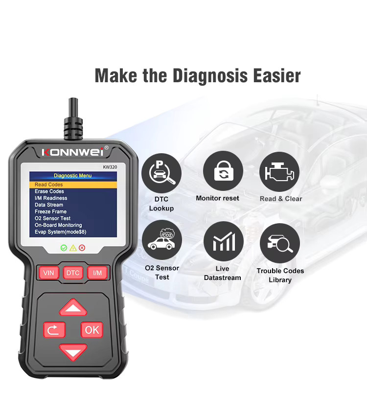 KONNWEI KW320 OBD2 EOBD Fehlerdiagnosegerät Auto-Scanner in Schwarz zum Lesen und Löschen von Codes für L/M Ready - Bild 2
