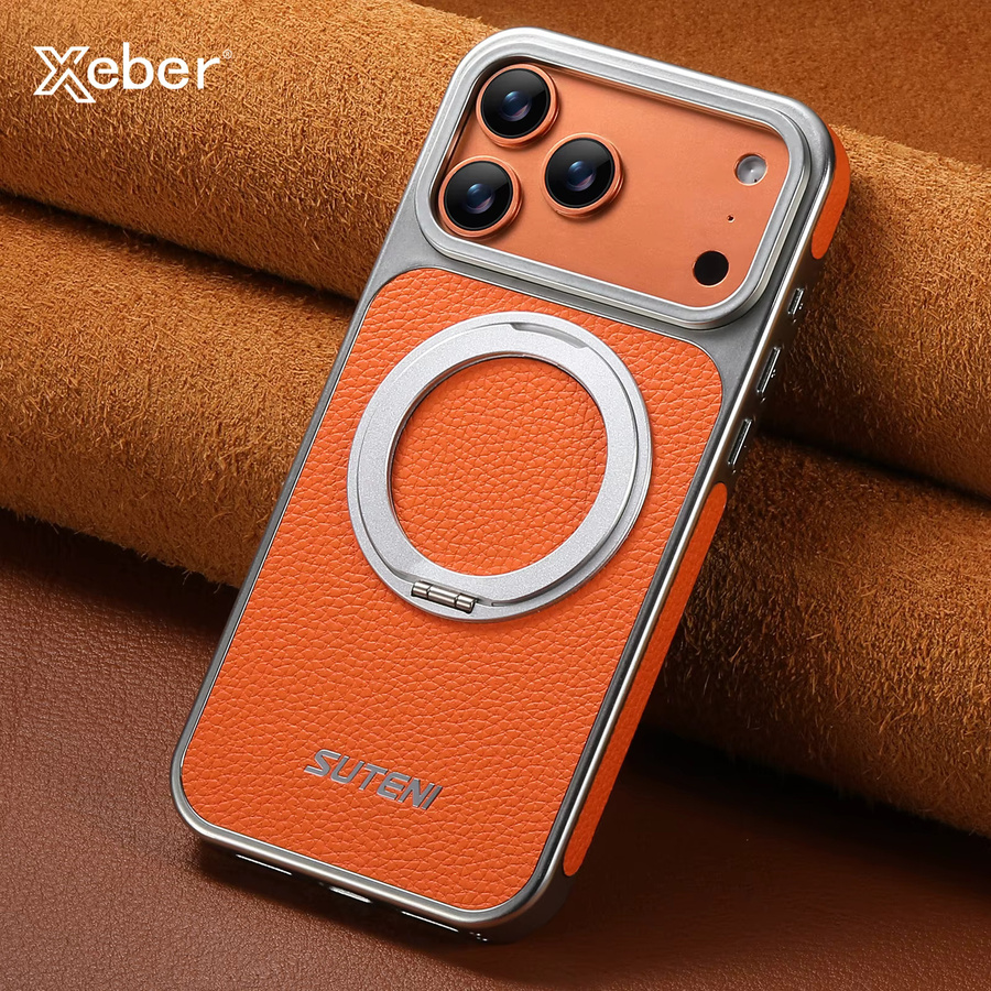 Xeber Magnetischer Ringständer mit Litschi-Textur für MagSafe iPhone Hüllen in Braun und Orange - Bild 2