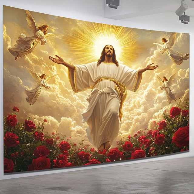 VIKAMA Religiöser Wandteppich Heiliges Licht Jesus mit Engeln, Mehrfarbig, Breite: 60 cm, Höhe: 40 cm - Bild 1