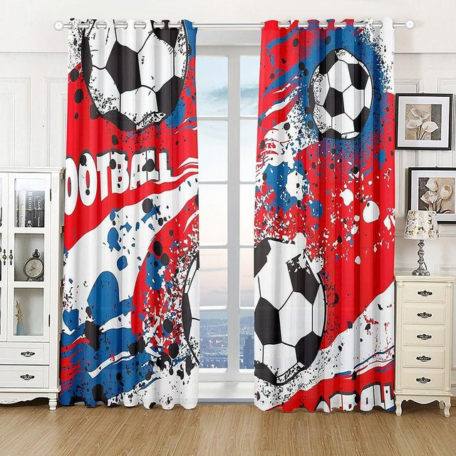 Yiran Furniture Sportvorhänge Fußball mit Flammen und Wasser Design, 2er-Set, Mehrfarbig, B: 68 cm, H: 165 cm - Bild 1