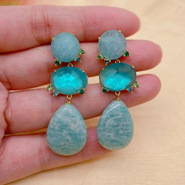 KAKAIBAGEMS Ohrstecker, Amazonit-Tropfen, blaue Jade, Gold, 16 x 20 mm - Bild 1