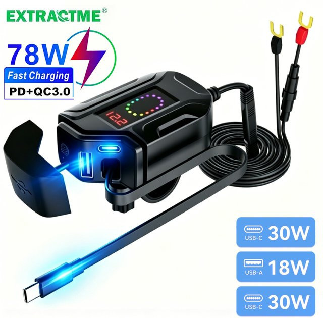 Extractme 78W Motorrad-Schnellladegerät mit PD+QC3.0, digitalem Voltmeter und einziehbarem Kabel in Schwarz - Bild 1