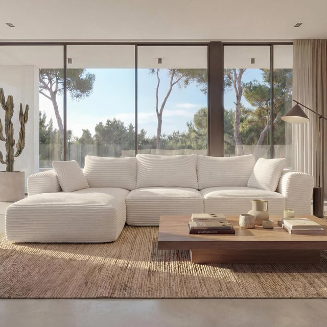 Sofa-Garnitur MCW MCW-P20, 3-Sitzer Loungesofa in L-Form mit Cord-Bezug, Weiß - Bild 1