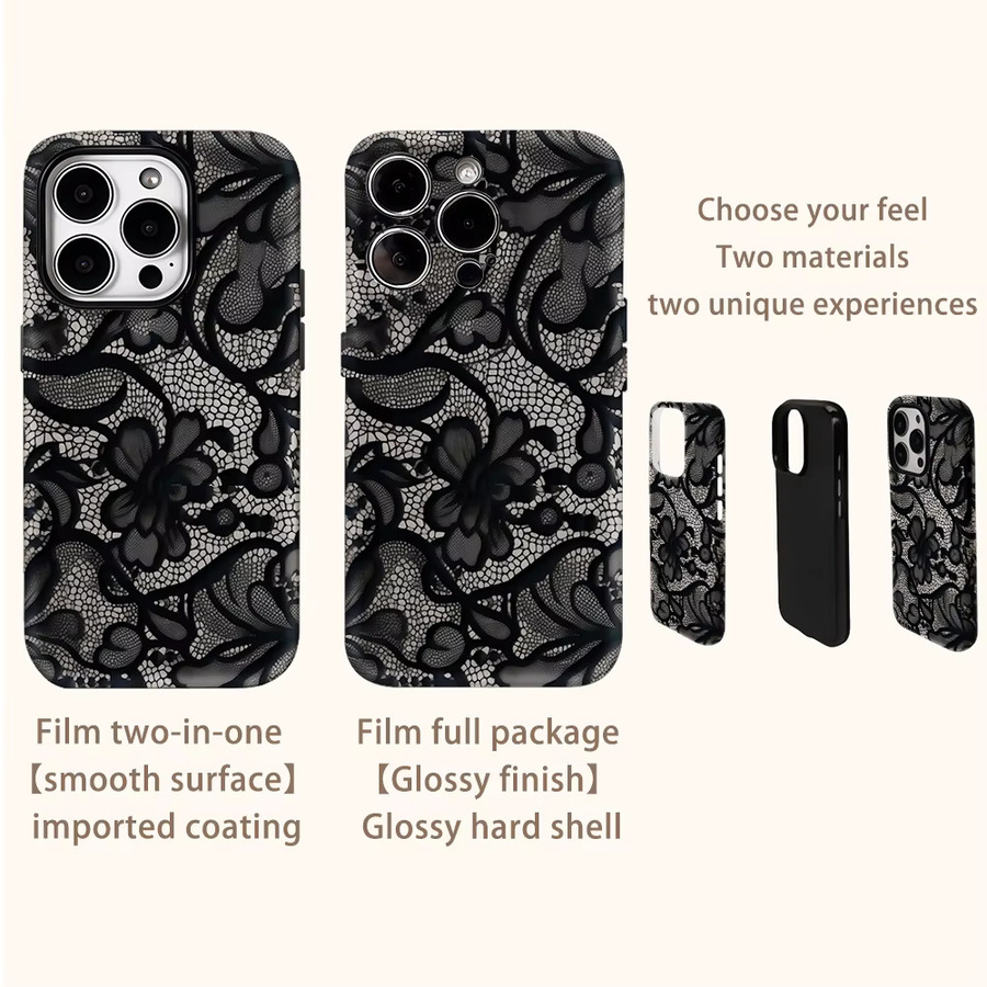 Potdemiel Schutzhülle mit Spitzenmuster in Schwarz für iPhone 18 Pro Max bis iPhone 11 Doppelschicht Rückabdeckung - Bild 3