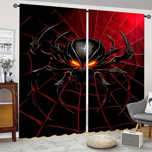 2er-Set Yiran Furniture Vorhänge mit Rote Spinnennetz Digitaldruck, halbtransparent, Polyester, Farbe: Rot, B: 50 cm, H: 130 cm - Bild 1