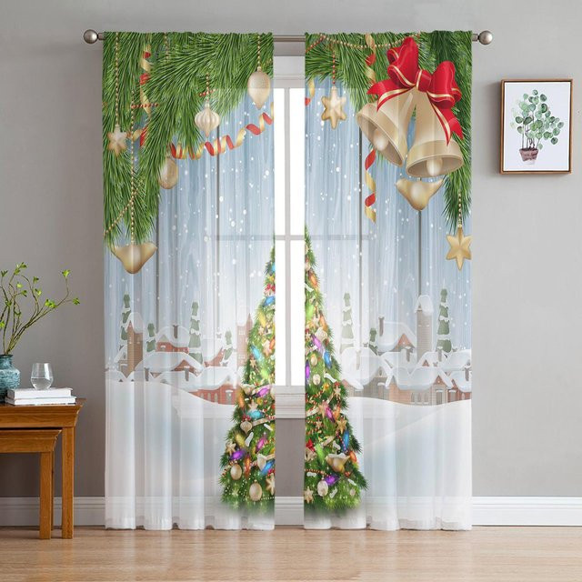 Weihnachts-Schneemann-Schneeszene Tüllvorhänge aus transparentem Chiffon, 2er-Set, Farbe: Weiß/Transparent, B: 50 cm, H: 130 cm - Bild 1