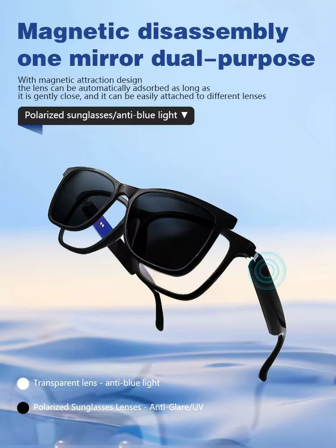 Koipsse Smart-Brille mit Mikrofon und Bluetooth, modische 2-in-1 Sport-Sonnenbrille mit Musikwiedergabe, Anruffunktion, Anti-Blaulicht und UV-Schutz, Schwarz - Bild 6