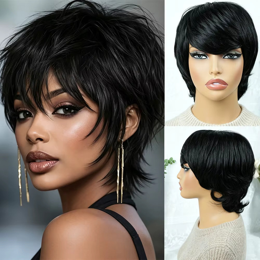 OYM HAIR Pixie-Cut-Echthaarperücke für Damen, schwarz, mit Pony - Bild 4