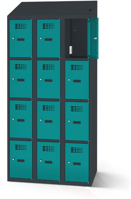 rotstahl Fächerschrank mit Ladefunktion in Türkis und anthrazitgrauem Korpus, 12 Fächer (3x4), B: 120 cm, H: 200 cm - Bild 1
