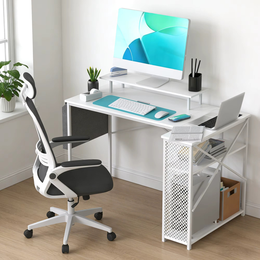 Fangde L-förmiger Gaming-Schreibtisch mit Monitorablage, Steckdose und USB-Anschluss, B/T/H: 120 x 70 x 75 cm, Schwarz/Weiß/Braun - Bild 2