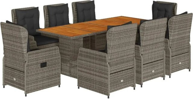 vidaXL 9-teilige Garten-Essgruppe aus Poly-Rattan und Akazienholz in Grau mit Kissen - Bild 1
