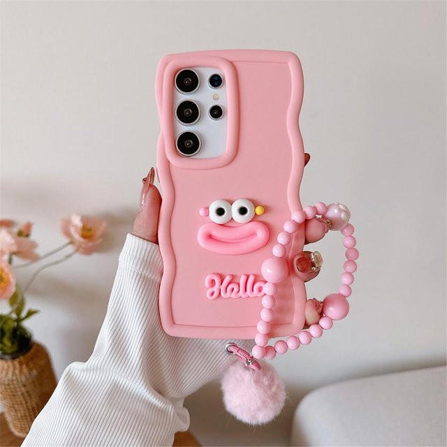 Süße Cartoon Handyhülle mit Handgelenkkette und Wellen-Design für Samsung Galaxy S25 Ultra S24 S23 S22 S21 S20 Plus FE A55 A54 A35 A16 A15 in Pink - Bild 1