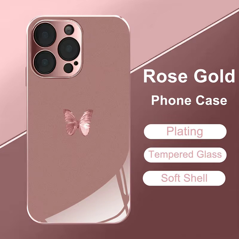 Rosa Handyhülle mit Schmetterlingsmuster aus gehärtetem Glas für Apple iPhone 11 bis 17 Pro Max und weitere Modelle - Bild 3