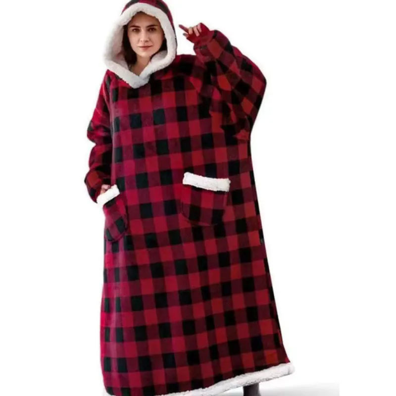EGW Flanell-Decke mit Ärmeln und Kapuze, kariertes Fleece-Design in Rot, Unisex Kapuzen-Fleece-Decke für Herbst und Winter - Bild 2