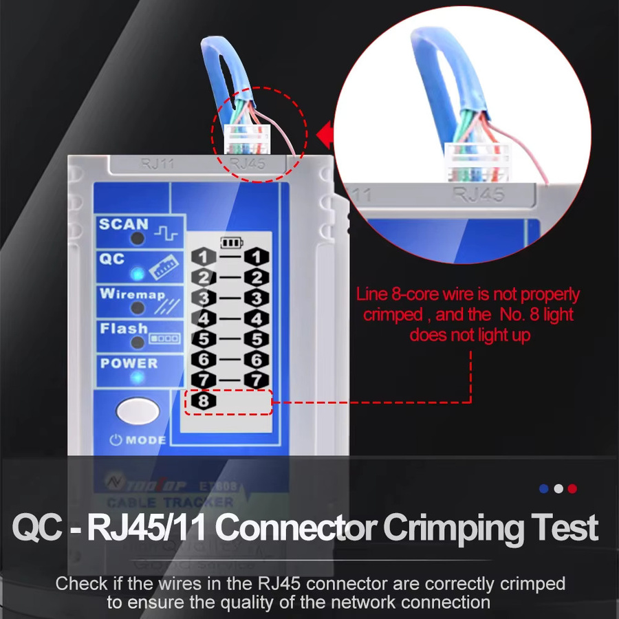 TOOLTOP ET608 LCD Netzwerkkabel-Tracer und Crimp-Tester für RJ45 und RJ11 zur Leitungsprüfung und Netzwerk-Reparatur - Bild 4