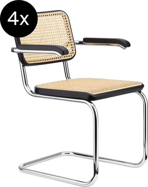 Thonet 4er Set S 64 V Freischwinger mit Armlehnen in Schwarz und Wiener Geflecht aus Buche - Bild 1