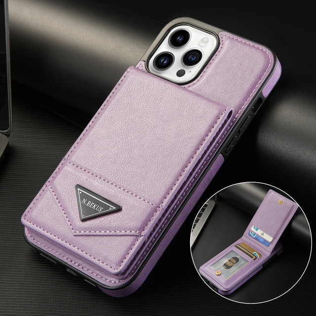 Aierkeba Vertikale Karten Leder Wallet Tasche für iPhone 16 15 14 13 12 11 Pro Max mit magnetischer Standabdeckung in Lila - Bild 1