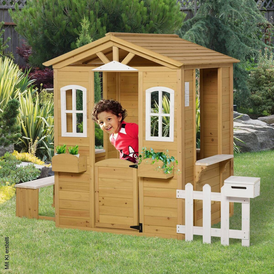 Outsunny Kinderspielhaus aus Holz in Gelb und Weiß, B/H/L: 119 x 205 x 140 cm - Bild 4