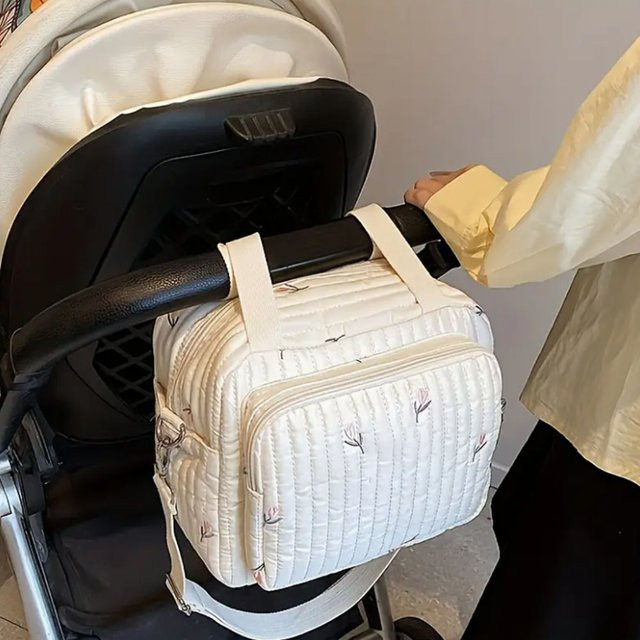 DDAXMM Messenger Crossbody-Wickeltasche aus Textil mit Bären- und Tulpen-Stickerei in Beige und Weiß inklusive Kinderwagenclip - Bild 1