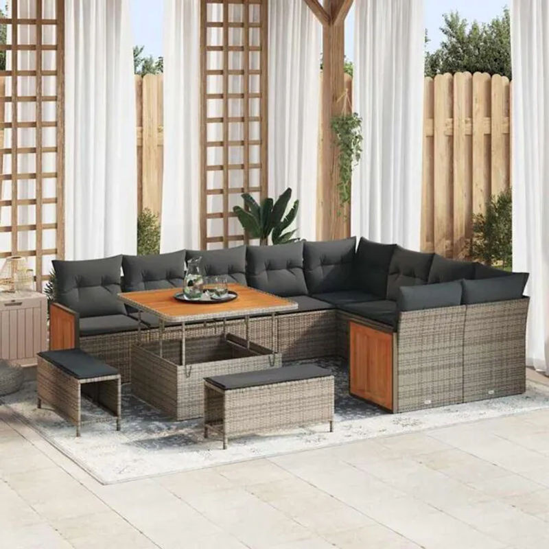 Vidaxl Garten-Sofa-Set aus Polyrattan und Akazie in Grau, 12-teiliges Loungemöbel-Set, B/T/H: 100 x 100 x 71 cm - Bild 1