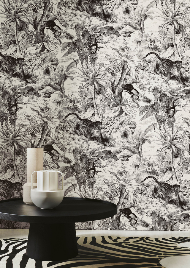 Manuel Canovas Tapete Salvator in Graphite mit Vintage-Animal-Print und botanischem Design aus Vlies - Bild 1