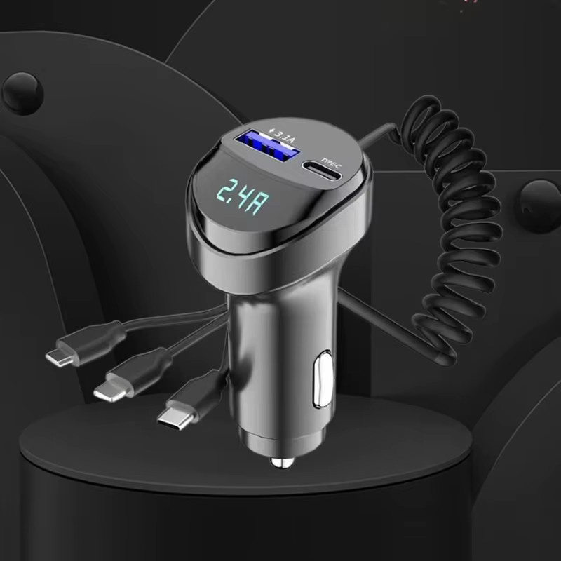 2-Port-USB-Schnellladegerät mit 3,1 A Ausgang, Spannungsanzeige und 3-in-1 einziehbarem Kabel für Fahrzeuge in Schwarz - Bild 3