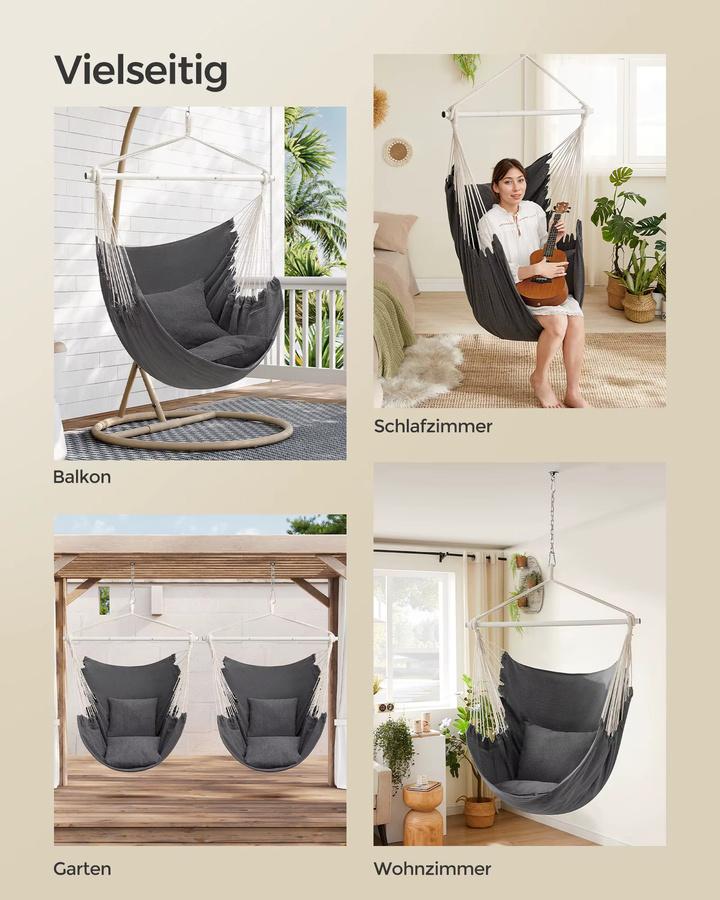 SONGMICS Hängesessel mit 2 Kissen und Metallkette, Hängeschaukel für Indoor und Outdoor, belastbar bis 150 kg, Grau/Weiß - Bild 3