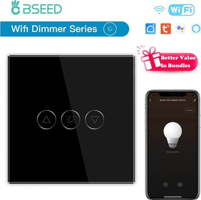 BSEED Smart WiFi Dimmer Schalter mit Tuya App-Steuerung, Dimmbarer LED Lichtschalter aus schwarzem Glas mit blauer Hintergrundbeleuchtung - Bild 1