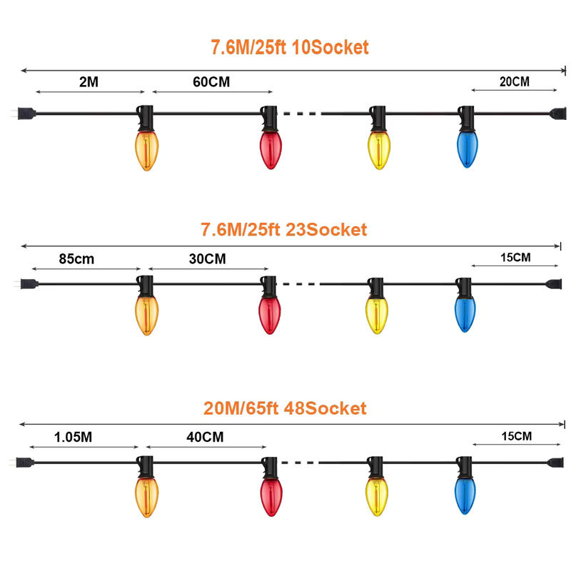 Grensk RGB Bunte Lichterkette für den Außenbereich mit bruchsicheren C7 Ersatzlampen, wasserdichte Party-Girlande, E12-Sockel, 1 W, Multicolor - Bild 5