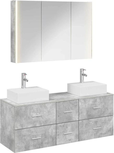 vidaXL Badezimmermöbel-Set 4-teilig in Betongrau mit Waschtischunterschrank, Spiegelschrank, LED-Beleuchtung und Glasfronten aus Ingenieurholz - Bild 1
