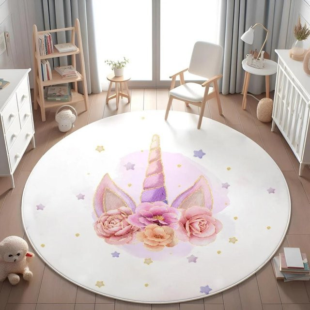 Runder Einhorn Teppich von Fashion is Walking in Multicolour für Kinderzimmer und Schlafzimmer, Durchmesser: 80 cm - Bild 1
