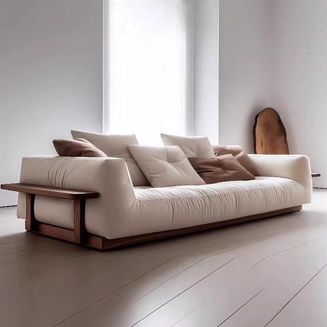 Modernes Polstersofa von DUTRIEUX in Braun mit Stoffbezug und passenden Dekokissen für dein Wohnzimmer oder Schlafzimmer - Bild 1