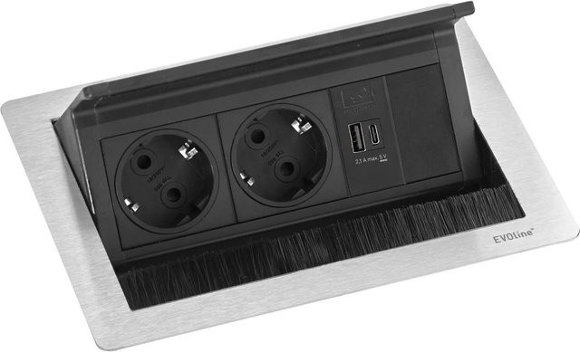 EVOline Flip Top Push S Einbausteckdose 2-fach mit USB-A und USB-C in Edelstahl Silver - Bild 1