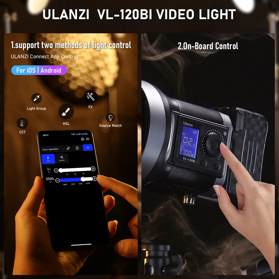 Ulanzi 120 W COB-Fotografie-Fülllicht in Schwarz mit V-Mount-Akku, zweifarbige Version 2700 K–6500 K und Bowens APP-Fernbedienung - Bild 3