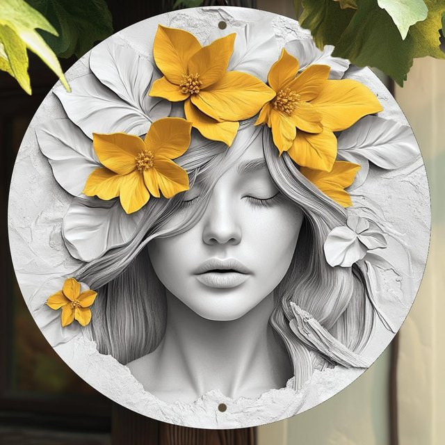 Potdemiel Vintage-Blumenmädchen Wandkunst aus Metall, rundes Metalldekor mit gelben Blumen, Durchmesser: 20,3 cm - Bild 1