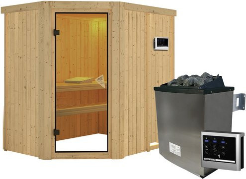 Karibu Sauna Vijandi in Beige mit 9 kW Saunaofen und externer Steuerung für 3 Personen, Fichte - Bild 1