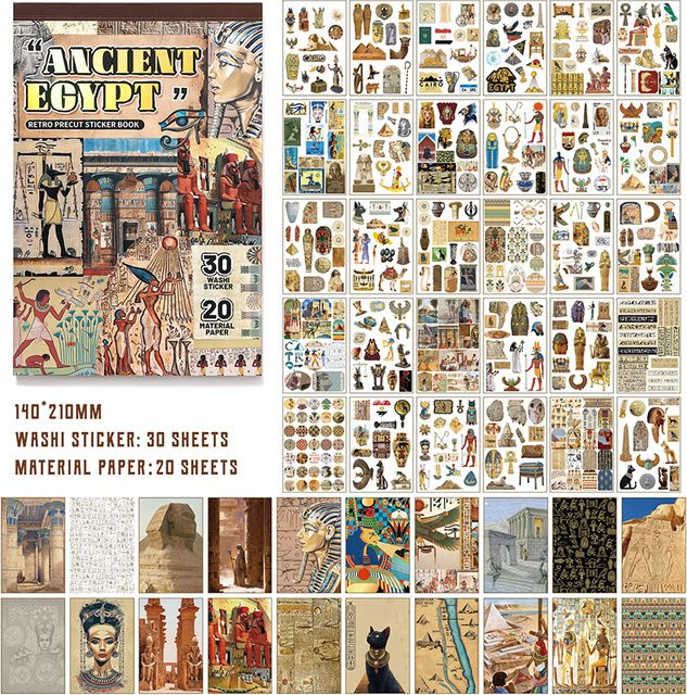 50 Blatt Retro-Stickerbuch im altägyptischen Stil mit dekorativen gestanzten Aufklebern in Rot und Multicolour - Bild 1