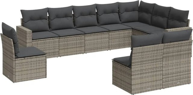 vidaXL 10-tlg. Garten-Sofagarnitur in L-Form aus grauem Poly-Rattan mit Sitzkissen und Rückenkissen - Bild 1