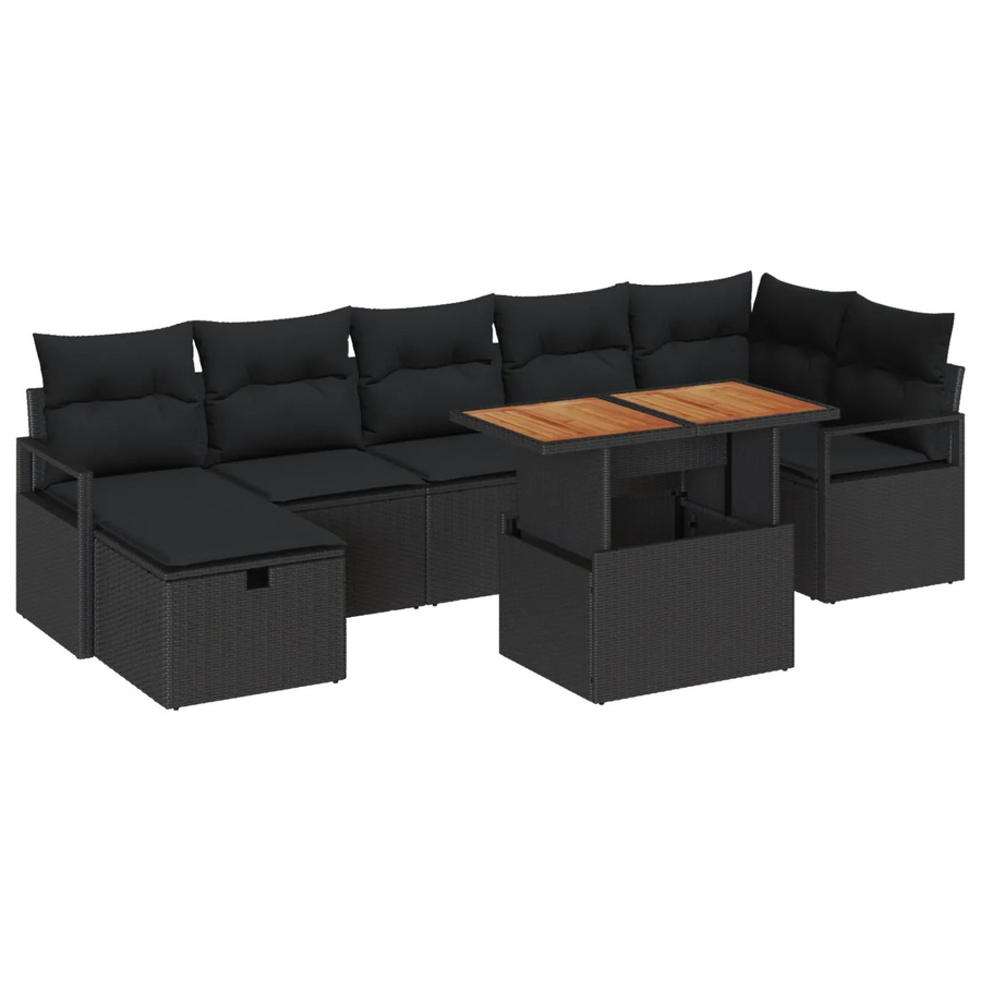 vidaXL Garten-Sofa-Set 8-teilig aus Poly-Rattan und Akazienholz in Schwarz mit Sitzkissen und Tisch - Bild 2