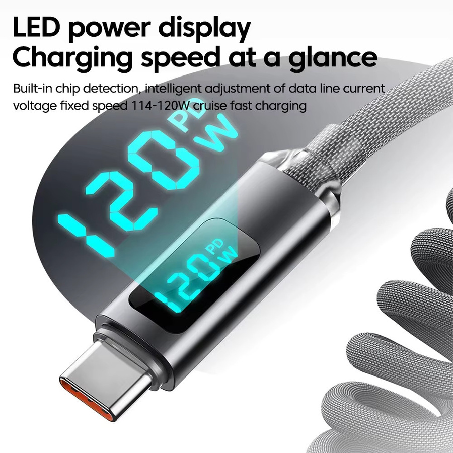 120W USB-C auf USB-C Schnellladekabel mit digitalem Display und einziehbarem Design für iPhone, Xiaomi und andere Geräte in Schwarz und Rot - Bild 6