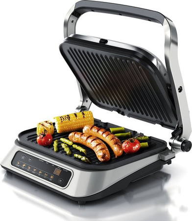 Arendo Kontaktgrill mit Digitalsteuerung in Silber aus Edelstahl mit abnehmbaren Antihaftplatten