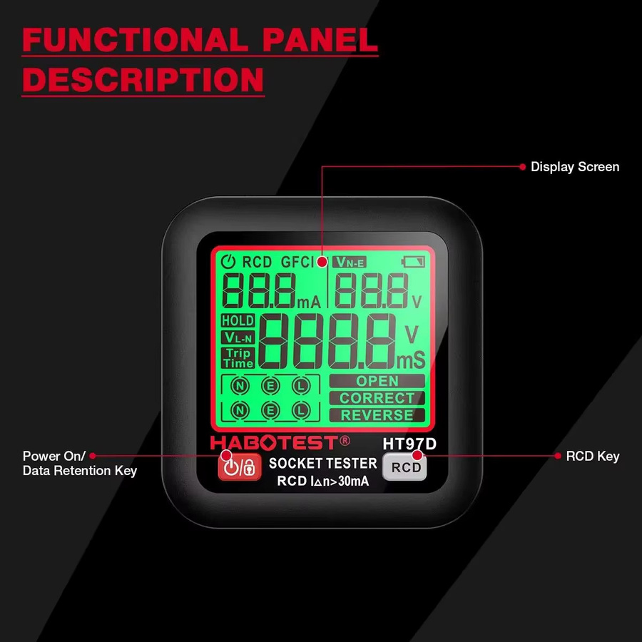 HABOTEST HT97 Digitaler Steckdosentester in Schwarz mit großem Display für EU, US und UK Stecker inklusive RCD und FCI Spannungstest - Bild 4