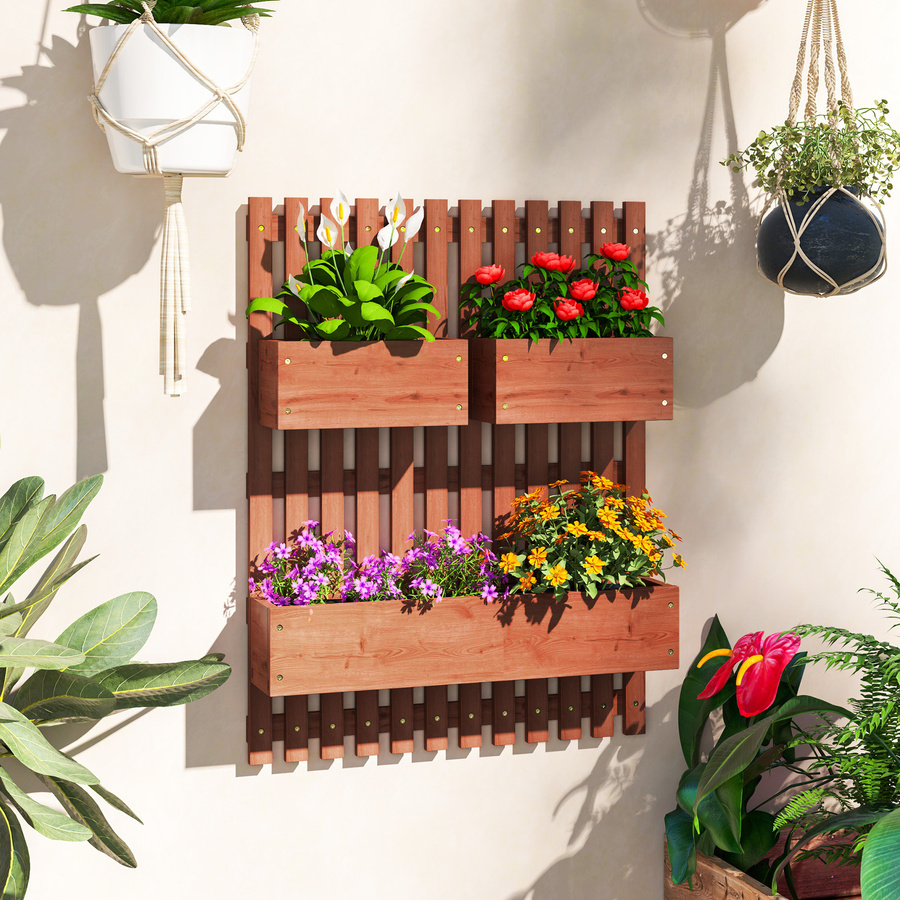 Outsunny Vertikaler Latten-Pflanzkasten aus Fichtenholz mit 3 abnehmbaren Töpfen und Abflusslöchern für Blumen und Gemüse, Braun, B: 60 cm, T: 16 cm, H: 80 cm - Bild 2