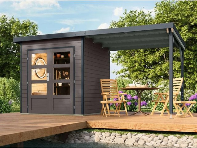 Karibu Gartenhaus Plutus als Schuppen mit Anbaudach in Grau mit 28 mm Wandstärke - Bild 1