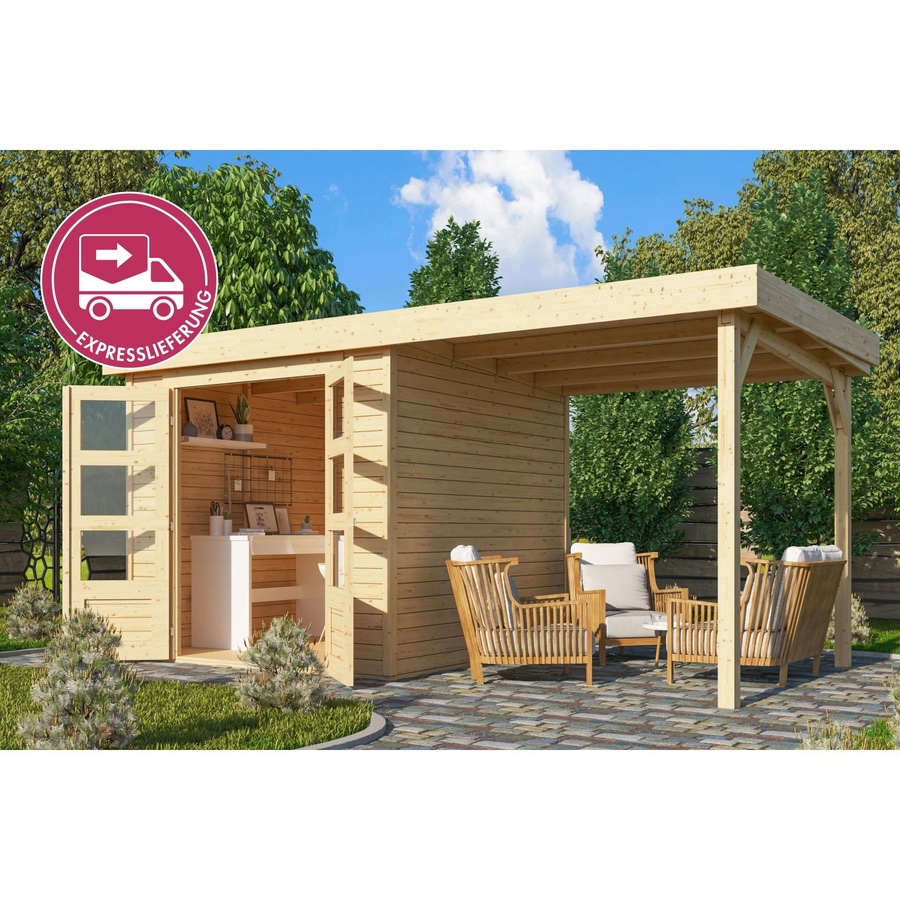 Karibu Express Gartenhaus Speedy B Set in Naturbelassen mit Schleppdach und überdachtem Außenbereich, B/T/H: 462 x 217 x 211 cm - Bild 2