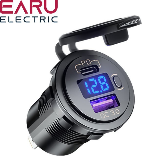 EARU USB C Auto Ladegerät 12V/24V mit Dual USB-Buchse PD 3.0 und QC 3.0, LED-Voltmeter und Ein/Aus-Schalter, Schwarz - Bild 1