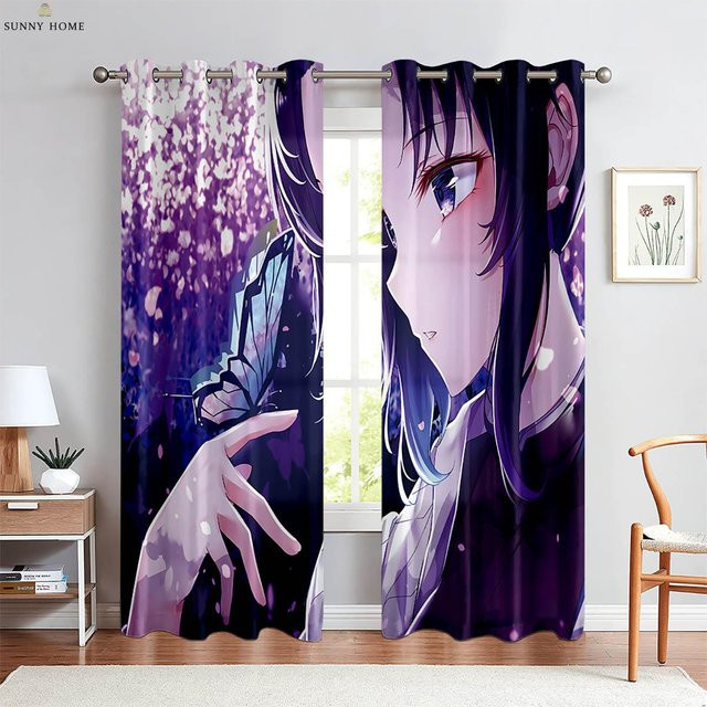 Yiran Furniture Anime Cartoon Vorhänge mit japanischem Comic-Print, 2er-Set, Lila, B: 100 cm, H: 240 cm - Bild 1