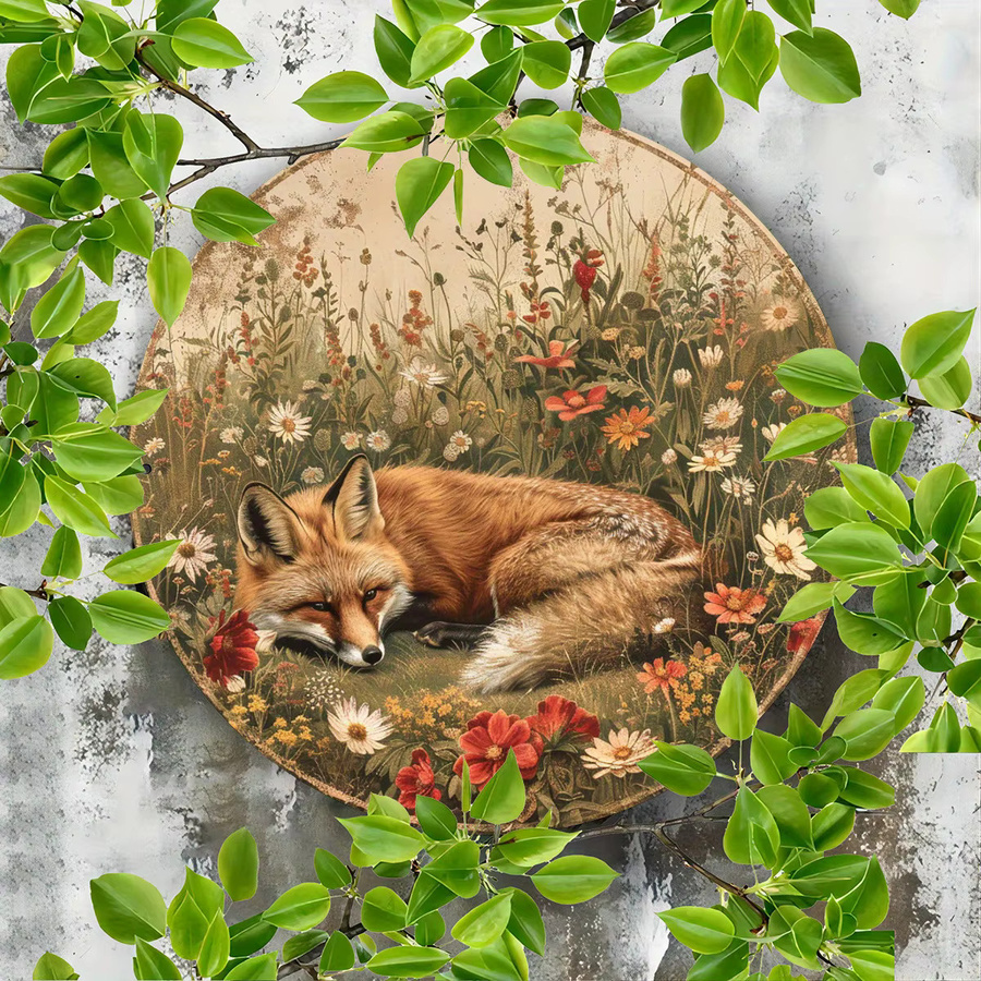 Potdemiel Rundes Metallschild mit Vintage Fuchs und floralem Wiesen-Design, Durchmesser: 20,3 cm, Mehrfarbig - Bild 3