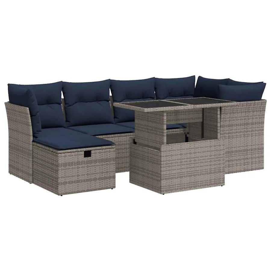 vidaXL 7-teilige Garten-Sofagarnitur aus Poly-Rattan und Akazie in Grau mit Kissen - Bild 2